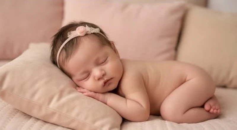 Bé gái sơ sinh bụ bẫm say giấc nồng trên chiếc nệm êm ái, mang theo nguồn năng lượng bình an và sự hòa thuận cho gia đạo