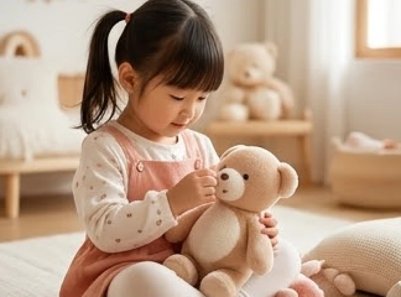 Bé gái đáng yêu đang ân cần chăm sóc búp bê trong không gian ngập tràn ánh sáng