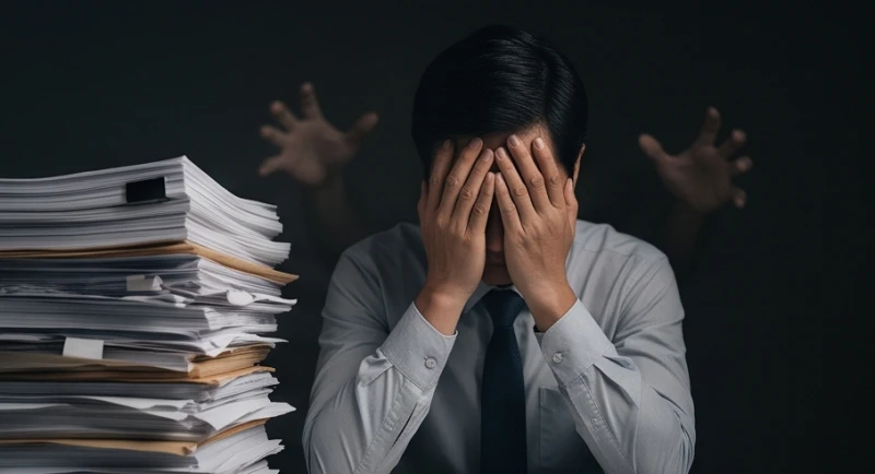 Mơ thấy phá thai báo hiệu điều gì? Giải mã tâm lý và con số may mắn 2 Một nhân viên văn phòng ngồi gục đầu trước đống hồ sơ giấy tờ thể hiện sự bế tắc trong công việc