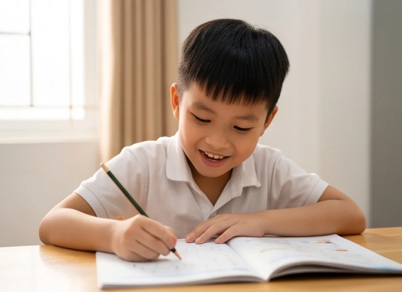 Bé trai 8 tuổi tập trung làm bài tập toán tại nhà với thái độ hào hứng và tự giác