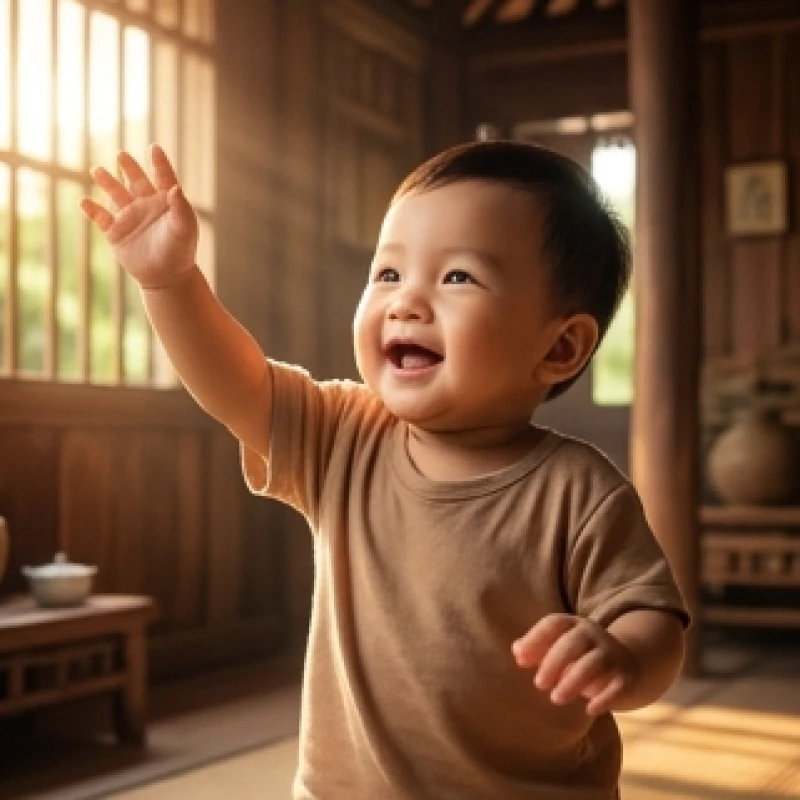 Bé trai đáng yêu đang vươn tay tượng trưng cho sự thăng tiến sau giấc mơ thấy em bé ỉa
