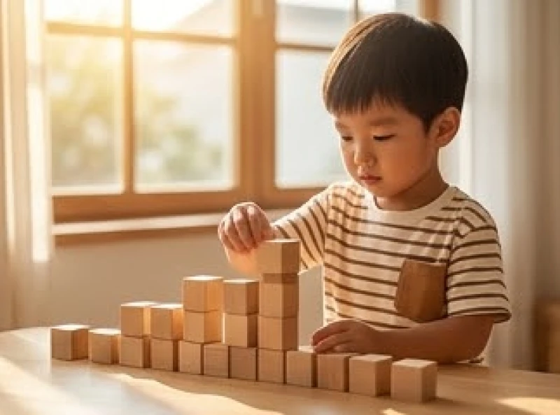 Bé trai đang tập trung xếp các khối gỗ đồ chơi ngăn nắp theo thứ tự logic