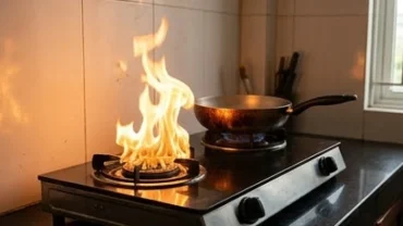 Bếp gas bùng lửa lớn trong không gian bếp gia đình, giải đáp thắc mắc bếp bị cháy là điềm gì