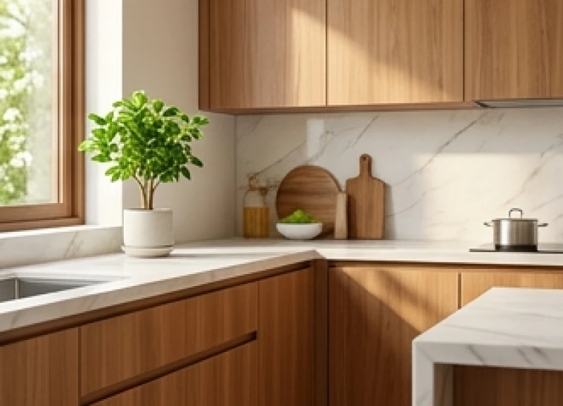 Không gian bếp hiện đại ốp gỗ sạch sẽ quay về hướng tốt giúp trấn áp luồng năng lượng xấu từ cửa chính đại kỵ