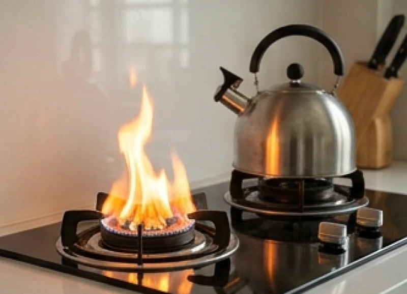 Bếp lửa đang cháy đượm để đun sôi ấm nước trong không gian bếp mới nhằm xua đuổi hàn khí
