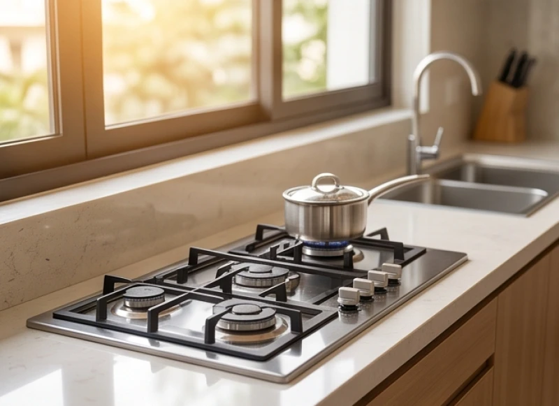 Bếp gas hiện đại được đặt trên mặt bàn đá sáng màu, vòi rửa bố trí cách xa một khoảng cách an toàn