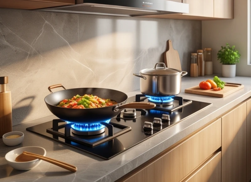 Khu vực bếp nấu hiện đại với lửa xanh rực rỡ quay về hướng tốt để đón sinh khí cho gia đình