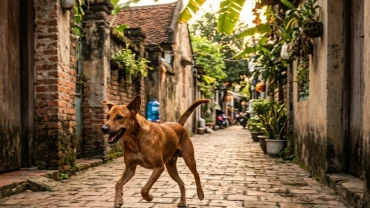 Hình ảnh chú chó đang chạy trên con đường làng Việt Nam giúp lý giải hiện tượng bị chó đuổi là điềm gì