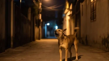 Một chú chó cỏ Việt Nam đứng sủa trong hẻm nhỏ ban đêm, gợi lên thắc mắc bị chó sủa là điềm gì trong văn hóa dân gian