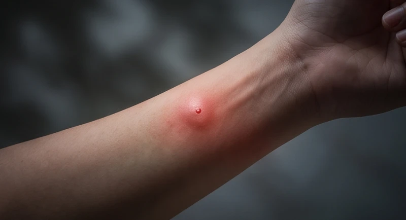 Vết sưng tấy nhỏ màu đỏ trên cánh tay sau khi bị một con bọ cắn