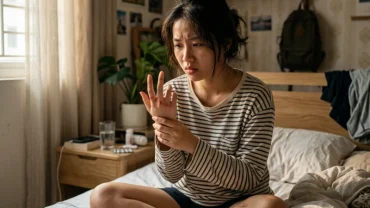 Hình ảnh người phụ nữ lo lắng xem xét vết thương trên tay để giải mã việc bị gián cắn là điềm gì trong phòng ngủ