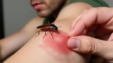 A person scratching their arm after being bitten by a cockroach at night