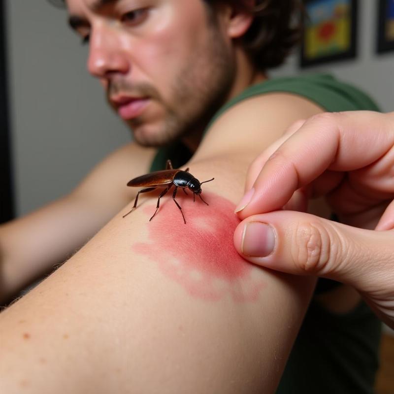 A person scratching their arm after being bitten by a cockroach at night