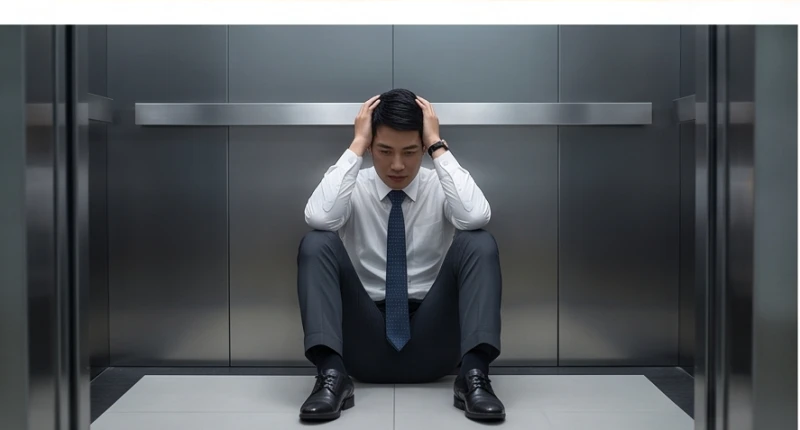 Một nam nhân viên văn phòng ngồi gục đầu mệt mỏi dưới sàn thang máy đóng kín