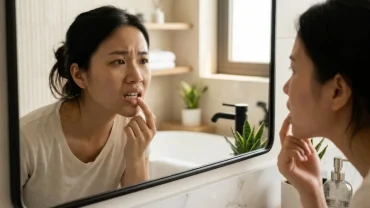 Một người phụ nữ lo lắng soi gương kiểm tra chiếc răng vỡ khi tìm hiểu bị mẻ răng có điềm gì về mặt phong thủy
