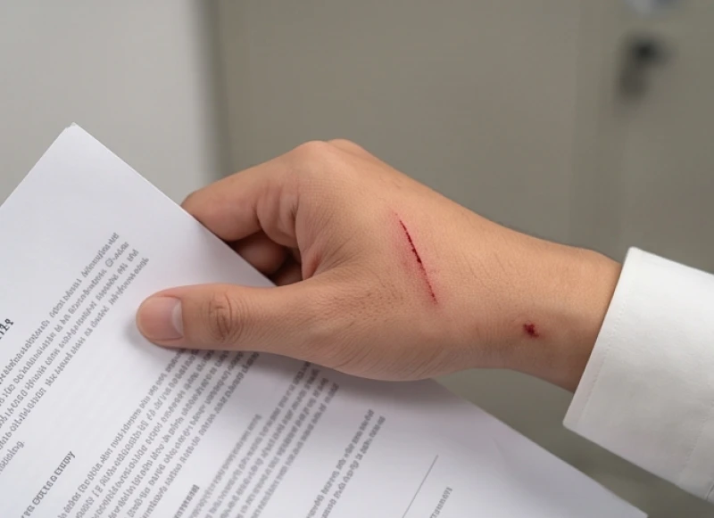 Vết xước do mèo cào trên bàn tay người đang cầm tài liệu báo hiệu trục trặc trong công việc khi mơ thấy mèo cào