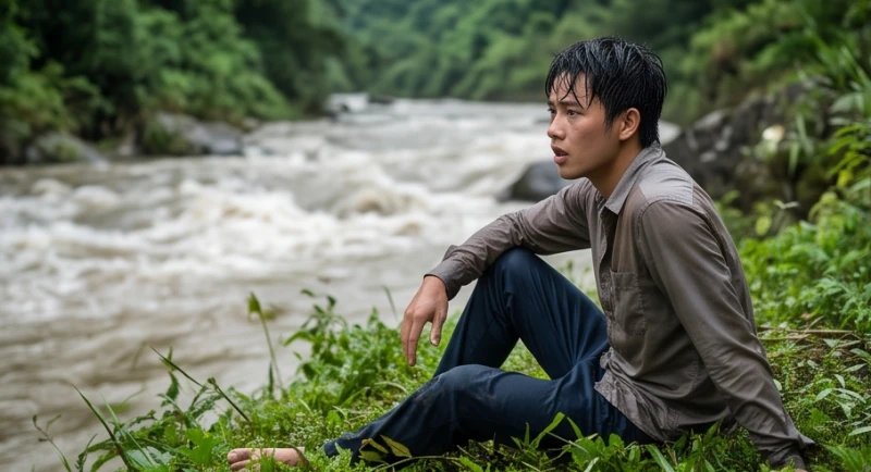 Một người mệt mỏi nhưng an toàn dạt vào bờ cỏ xanh sau khi bị dòng nước lũ cuốn đi