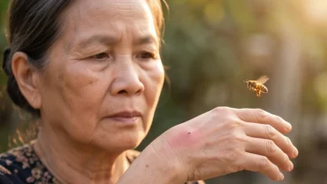 Người phụ nữ bị ong mật đốt vào tay, đang xem xét vết thương sưng đỏ để tìm hiểu bị ong đốt là điềm gì