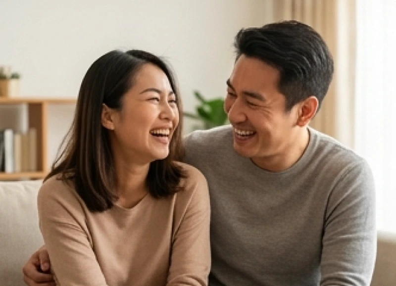 Chỉ tay chữ M tay trái nữ: Ý nghĩa vận mệnh & cách hóa giải 8 Đôi vợ chồng đang cười đùa vui vẻ minh họa cho nghệ thuật nhượng bộ của nữ giới có chỉ tay chữ M tay trái nữ