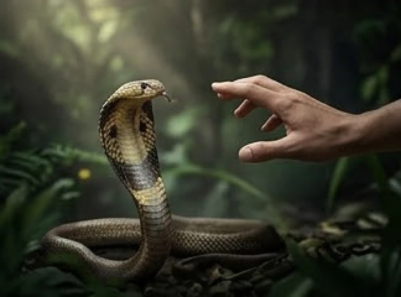Mơ thấy động vật hoang dã: Giải mã điềm báo & bộ số sổ mơ 6 Bàn tay người đang rụt lại đầy cảnh giác và căng thẳng trước một con rắn hổ mang vươn cao đầu trong rừng rậm