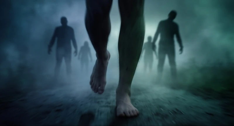 Mơ thấy zombie: Điềm báo tâm lý, vị trí bị cắn & con số may mắn 2 Đôi chân trần đang chạy trốn thục mạng khỏi đám thây ma rùng rợn phía sau lưng