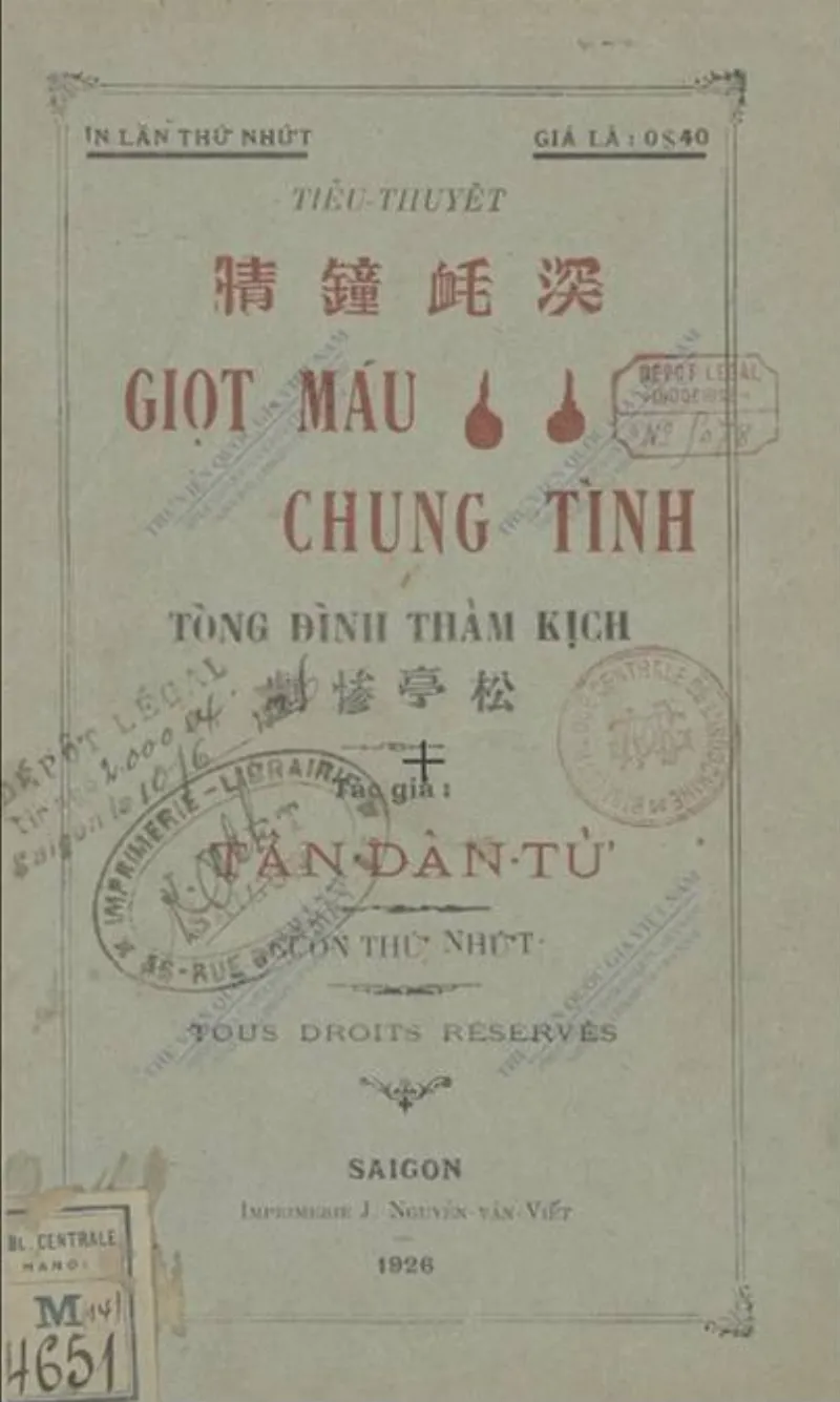 Bìa cuốn tiểu thuyết Giọt máu chung tình xuất bản năm 1926