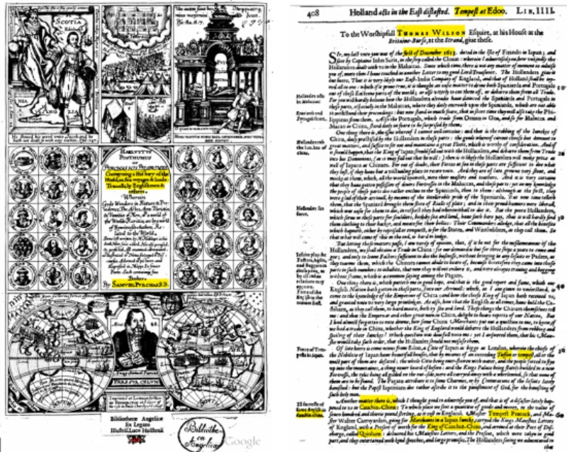 Bìa quyển 1 bộ His Pilgrimes của S. Purchas (1625) và thư của R. Cocks gửi T. Wilson