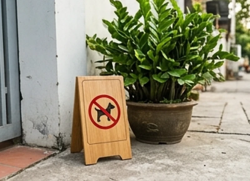 Chó ỉa trước cửa nhà là điềm gì? Giải mã tâm linh & cách xử lý 9 Đặt biển cảnh báo cấm thú cưng phóng uế cạnh chậu cây xanh trước cổng nhà để răn đe