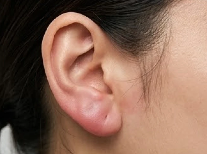 Vùng dái tai bị sưng đỏ và đổi màu bất thường do biến chứng sau khi tiêm chất làm đầy không đúng kỹ thuật