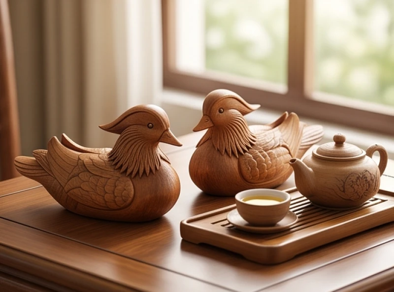 Đôi chim uyên ương bằng gỗ điêu khắc tinh xảo đặt cạnh khay trà mang ý nghĩa hạnh phúc lứa đôi