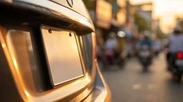 Biển số xe hợp tuổi ngọ gắn trên đuôi chiếc ô tô sang trọng dưới ánh nắng bình minh rực rỡ