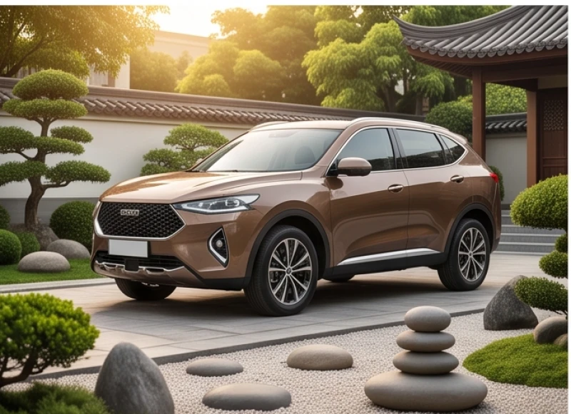Đầu xe hơi sang trọng màu nâu đất tĩnh lặng đỗ cạnh những tảng đá phong thủy vượng khí