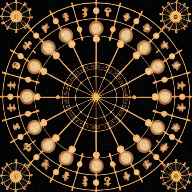 Biểu đồ cung hoàng đạo với các biểu tượng cung hoàng đạo, chòm sao và các yếu tố liên quan.