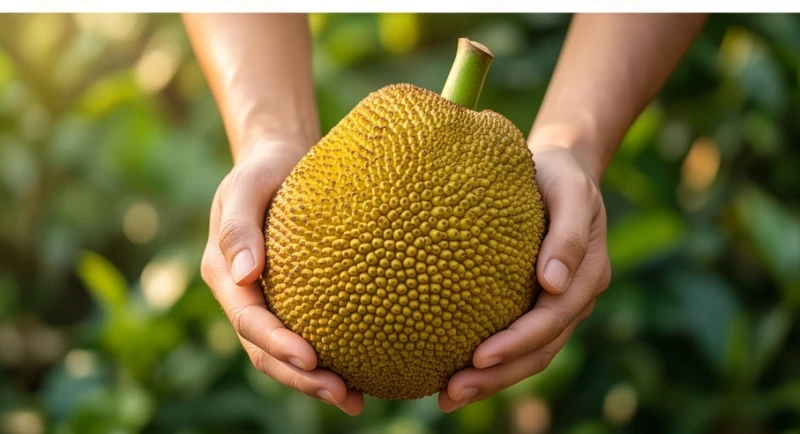 Hai bàn tay nâng niu trao tặng một quả mít chín thơm lừng như biểu tượng của cơ hội tài lộc