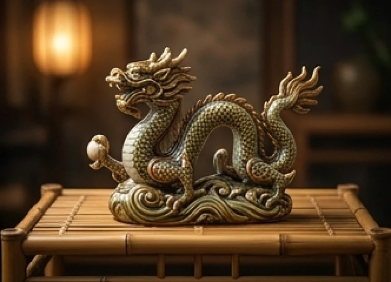 Tác phẩm điêu khắc rồng cuộn mình uy nghi bằng gốm sứ tráng men đặt trang trọng trên bàn trà truyền thống