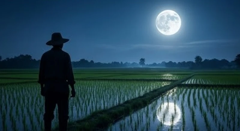 Mơ thấy mặt trăng: Giải mã ý nghĩa điềm báo và cách hóa giải 7 Người nông dân ngắm nhìn vầng trăng sáng rực rỡ chiếu xuống cánh đồng lúa thanh bình