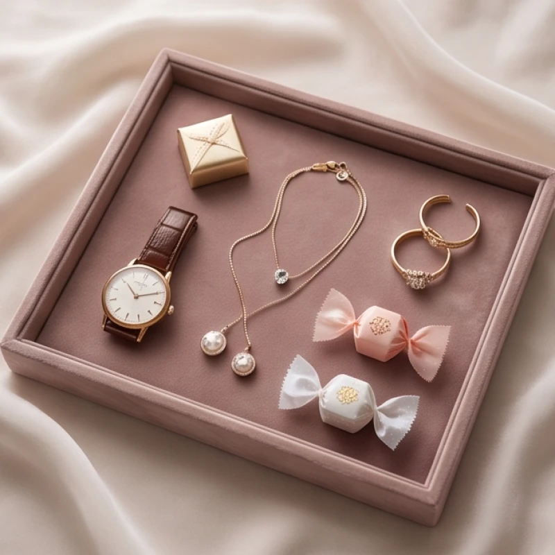 Nhiều món đồ nhỏ nhắn như đồng hồ trang sức và bánh kẹo được sắp xếp hài hòa trên một khay nhung sang trọng