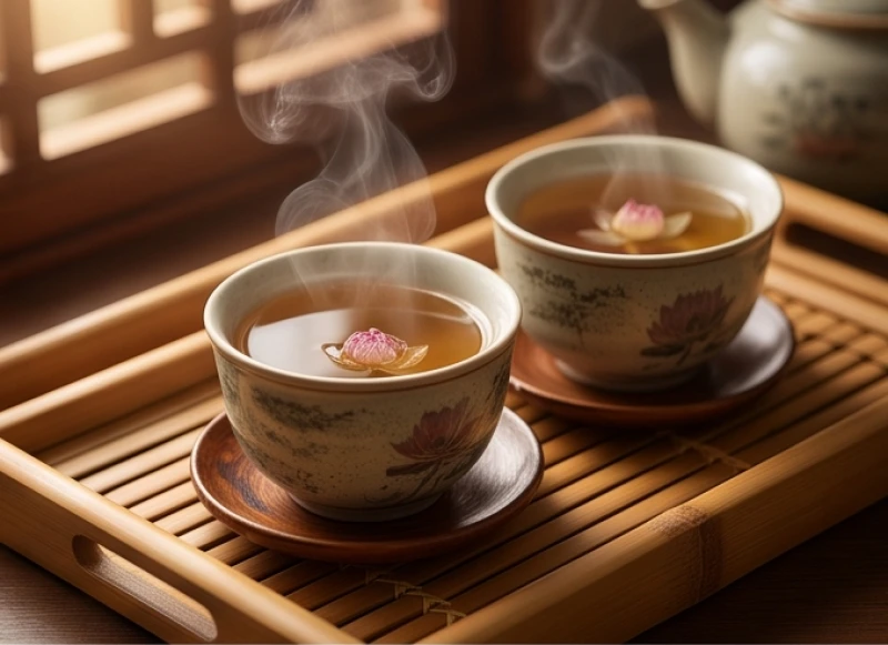 Tách trà sen ấm nóng tượng trưng cho sự bình yên và thấu hiểu trong gia đạo