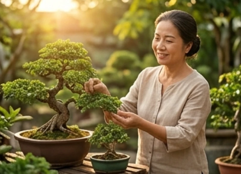 Người phụ nữ U60 nở nụ cười hiền hậu khi đang tưới cây trong khu vườn nhỏ, tận hưởng cuộc sống an nhiên