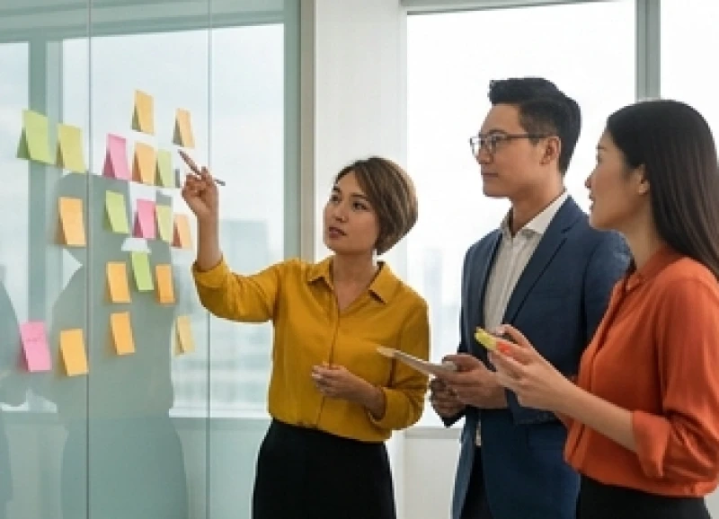 Đội ngũ sáng tạo đang thảo luận sôi nổi về chiến dịch truyền thông đa phương tiện mới nhất