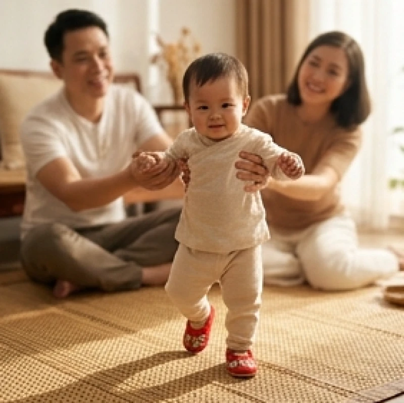 Đứa trẻ tập đi trong vòng tay cha mẹ tuổi Bính Dần và Giáp Dần