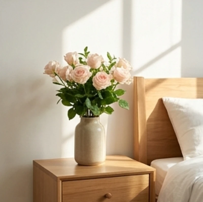 Một bình hoa tươi màu hồng nhạt được đặt trang trọng ở góc hướng chính Nam của phòng ngủ gọn gàng