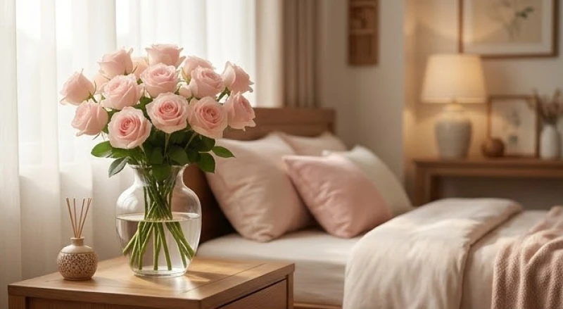 Một bình hoa hồng phấn cắm trong nước sạch đặt tinh tế trên bàn trang điểm cạnh giường ngủ