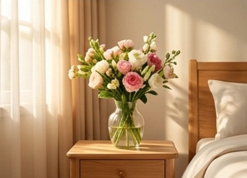 Một bình hoa tươi rực rỡ được đặt gọn gàng ở góc Tây của phòng ngủ
