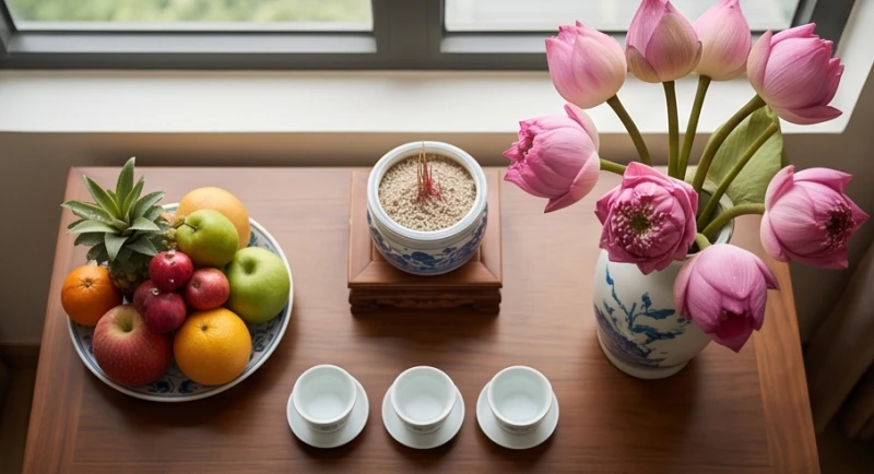 Đĩa trái cây tươi ngon và bình hoa sen thanh khiết được bày biện chuẩn xác theo quy tắc tả hữu truyền thống
