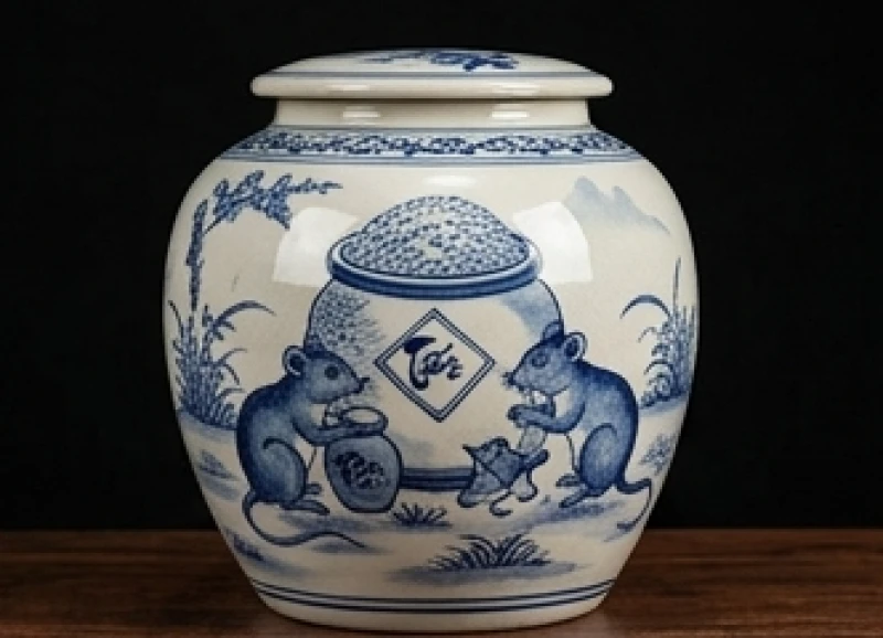 Bình gốm sứ phong thủy vẽ họa tiết đàn chuột đang quây quần bên đống lúa gạo dồi dào