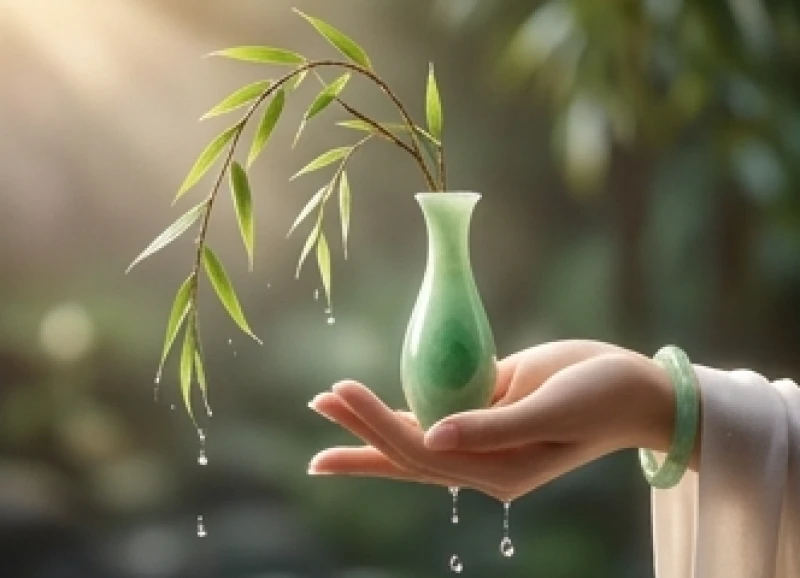 Tay cầm cành dương liễu và bình nước cam lộ thanh tẩy những nghiệp chướng và muộn phiền