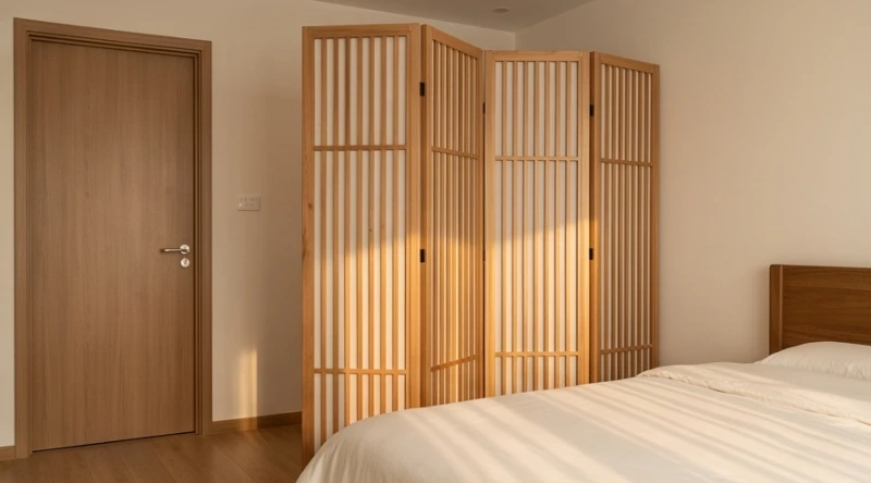 Một tấm rèm và bình phong nhỏ được sử dụng để che chắn luồng khí xộc thẳng từ cửa ra vào tới giường nằm