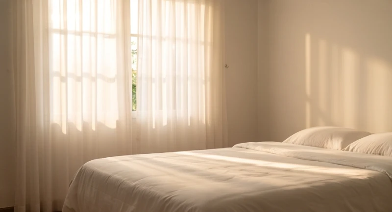 Nắng sớm rọi qua rèm cửa chiếu lên chiếc giường êm ái mang đến cảm giác thanh bình và xua tan mọi âu lo