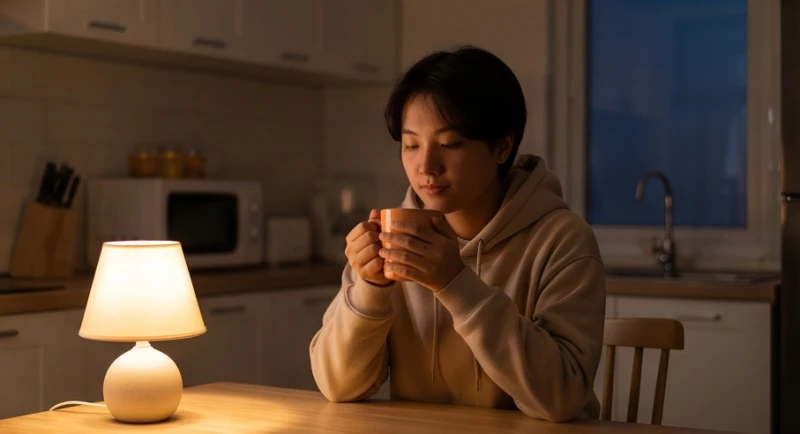 Người trẻ tuổi cầm ly nước ấm ngồi bình yên tĩnh lặng dưới ánh đèn ban đêm